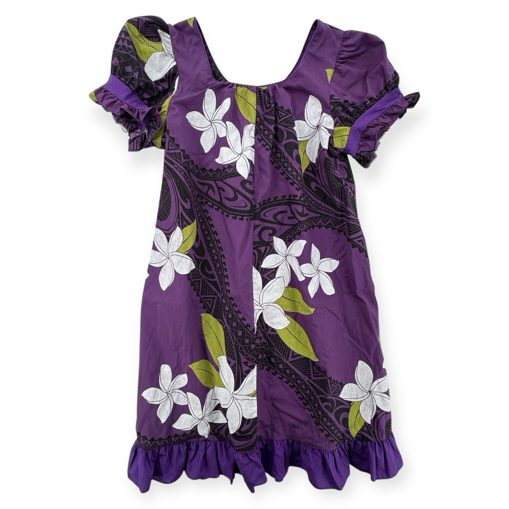 Vintage Good Times Hawaiian Dress Womens Large Midi Muumuu Floral Ruffle‎ Purple